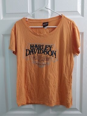 Harley Davidson Women's T Shirt Tattoo Floral Orange Biker Y2K Tee Size XL